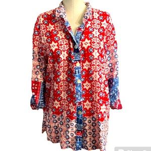 John Mark, XL, Red,White and blue designed Tunic button down blouse